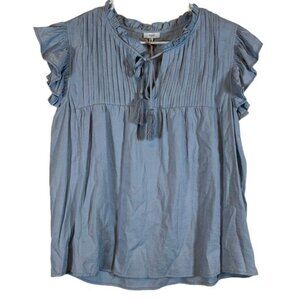 VOY Clothing Blue Pleated Tassels Ruffle Flounce S/S Blouse Large NWT #0442-LA